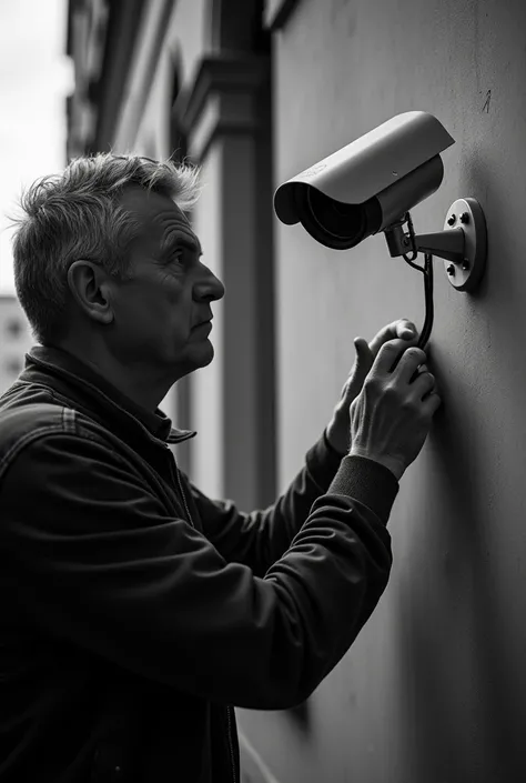 A black and white image of a man installing a security camera 