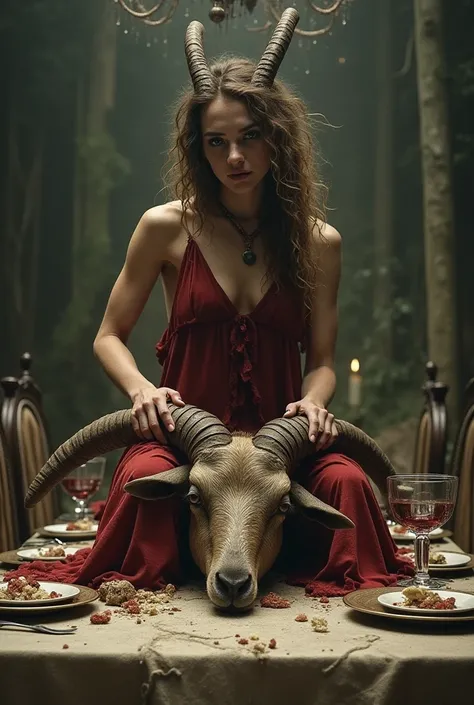 Create an image of a sevage woman with long black hair on a dinner table at the center of it sitted on the head of a goat while holding its antlers. She has a ruined red dress