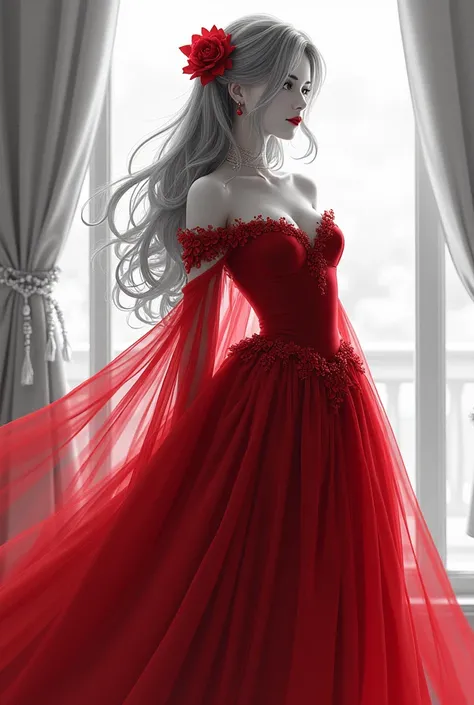 a woman in a red dress is posing for a picture, an anime drawing inspired by Magali Villeneuve, pixiv, fantasy art, grayscale phtoto with red dress, beautiful alluring anime woman, extremely detailed artgerm, beautiful anime woman, style artgerm, ((a beaut...