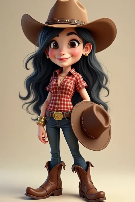  Create a happy mascot ,  inspired by the Texan country style ,  very white skin,  long black hair.  brown eyes, thin, wearing a plaid shirt,  dark jeans , brown Texan boot , belt with buckle letter M ,  gold bracelets with a tractor pendant and the other ...