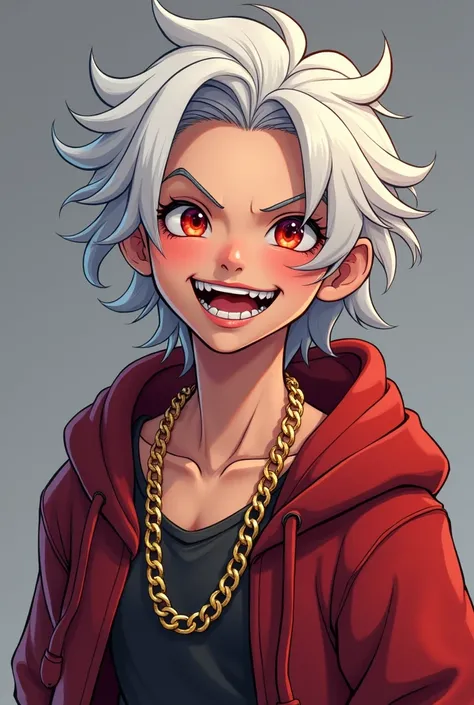 I need to create a character , A human,  with big fangs and smiling , Ojos rojos,  with very wavy flowing white hair ,  with gold chains around his neck and a hoodie with a , all this in a cartoon or anime style 2d drawing style