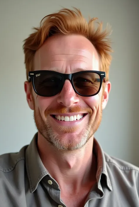  Generates a realistic image . A selfie-style photo of a red-haired man of approximately 50 years old . He is smiling in the photo.  wears sunglasses and a casual shirt in a neutral tone without prints . Your photo is in profile.