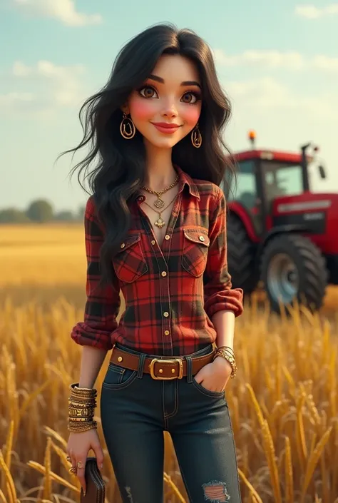  Create a happy mascot ,  inspired by the Texan country style ,  very white skin,  long black hair.  brown eyes, thin, wearing a plaid shirt,  dark jeans , brown Texan boot , belt with buckle letter M ,  gold bracelets with a tractor pendant and the other ...