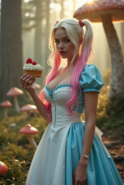 Hyper-realistic photography((busty Harley quinn (blonde hair with pink and blue dyed pigtails)as curvaceous alice in wonderland (pale blue alice in wonderland pinafore dress, white apron, white leather corset, cleavage))) holding a slice of cake.,. Fantasy...