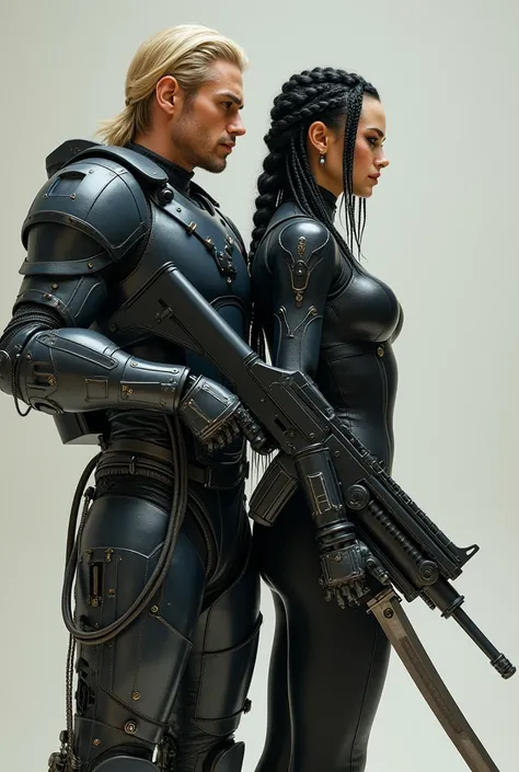 Photorealistic full body shot, head to toe, beautiful blond male cyborg warrior in a heavily protected mechanical exoskeleton holding a futuristic rifle and a beautiful female cyborg warrior with long black hair in a braid with silver thread woven through ...