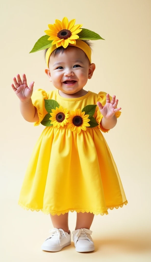 "A cute baby dressed in a charming sunflower-themed outfit, featuring a bright yellow dress adorned with realistic sunflower decorations and green leaves. The  wears a matching sunflower headband, adding to the cheerful and summery look. The baby stands ha...