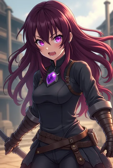 Anime girl with very dark burgundy fights.Na szyi ma fioletową apeszkę. and on his right hand you can see a long metal bracelet . Dziewczyna jest ubrana w czarne glany.
