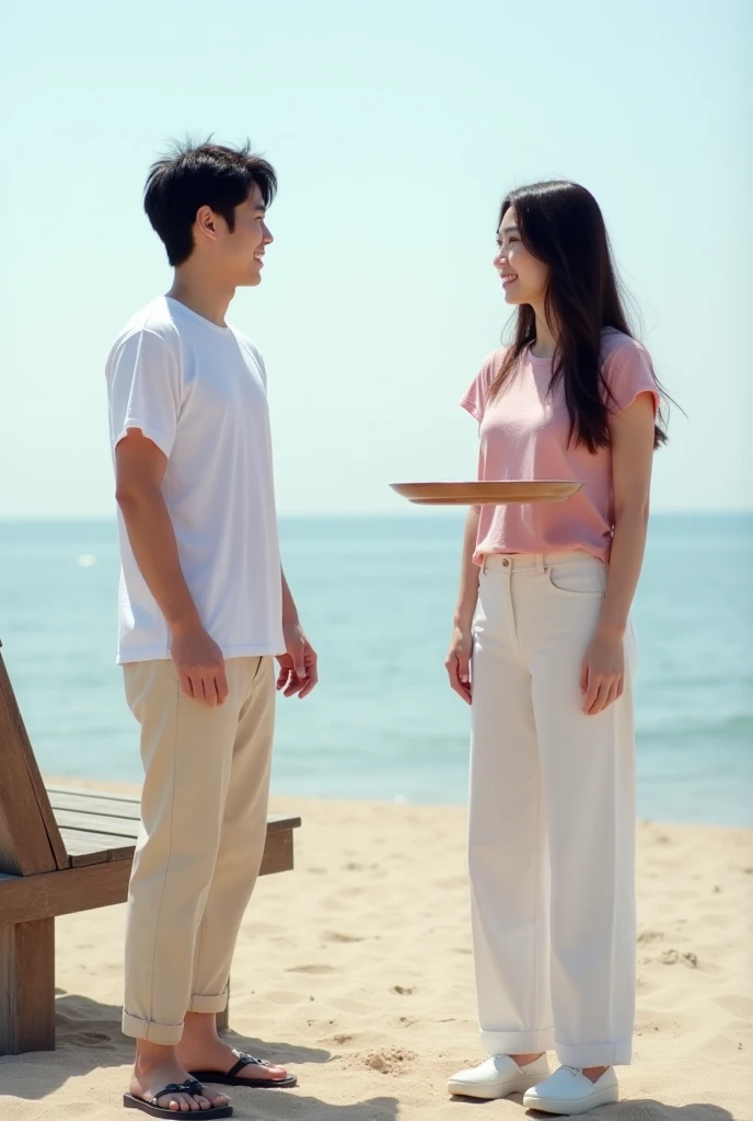 A handsome Korean male figure wearing a white t-shirt in cream pants talks to a beautiful woman dressed in a pink t-shirt white trousers carrying a small tray near a beach bench
With a standing distance of one meter