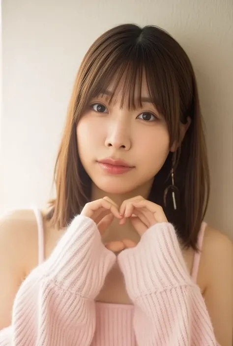  Super Fine、Picture of her face 、She smiles, I&#39;m wearing a camisole,  poses with hands crossed in front of the chest in the shape of a heart、The background is plain 、    High Definition 、細部にわたって   High Definition 