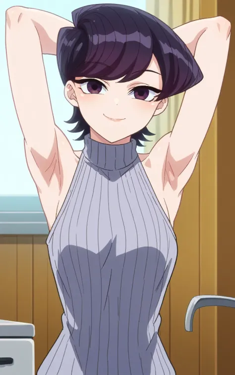 score_9, score_8_up, score_7_up, source_anime, anime screencap, 1girl, solo, shuuko komi, purple hair, short hair, purple eyes, virgin hunter sweater , bare shoulders, bare arms, arms behind head, armpits, head towards viewer, smile, closed mouth, badhandv...