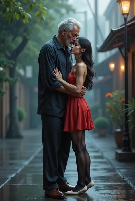 A petite 21-year-old girl scared of the rain, dressed in black nylon stockings , short red summer dress, white flat shoes, Her grandfather is hugging her 