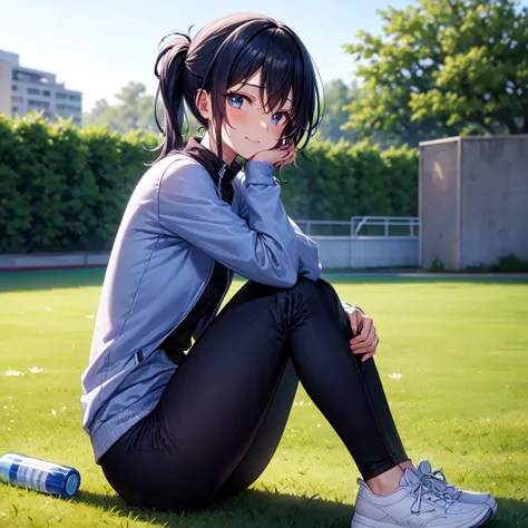 “A age girl resting after a run on an outdoor track during a crisp winter day. She is wearing a casual running outfit, including a T-shirt layered with a lightweight jacket, running shorts, leggings, and sneakers. She is sitting on the edge of the track, s...