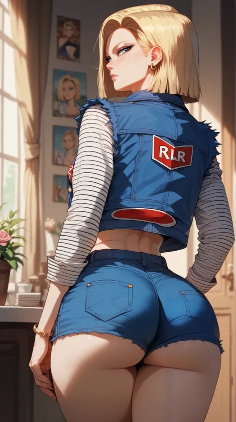 Android 18 style,  perfect eyes,  perfectly sexy face, ultra detailed,  ultra perfect eyes ,  big beautiful woman ,  rear view , dark blue shorts, Body,  looking at the spectator,