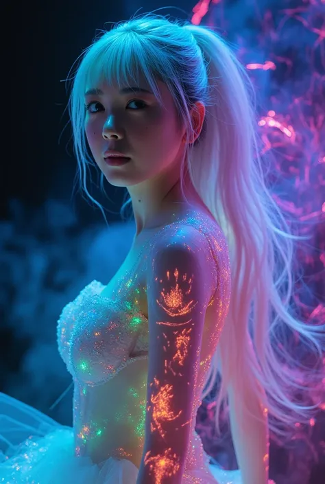 Image of a beautiful girl surrounded by light particles, masterpiece. UHD. photorealistic, full body, Ultra-realistic capture, 18k, RAW photos, highest quality, masterpiece, reality, very detailed, very beautiful girl, detailed face, rainbow, automata, cyb...