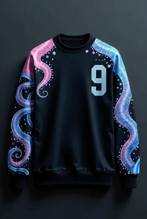 A black sweatshirt with light blue and pink living water tentacle designs on the arms up to the shoulders, a small 9° number on the top right 