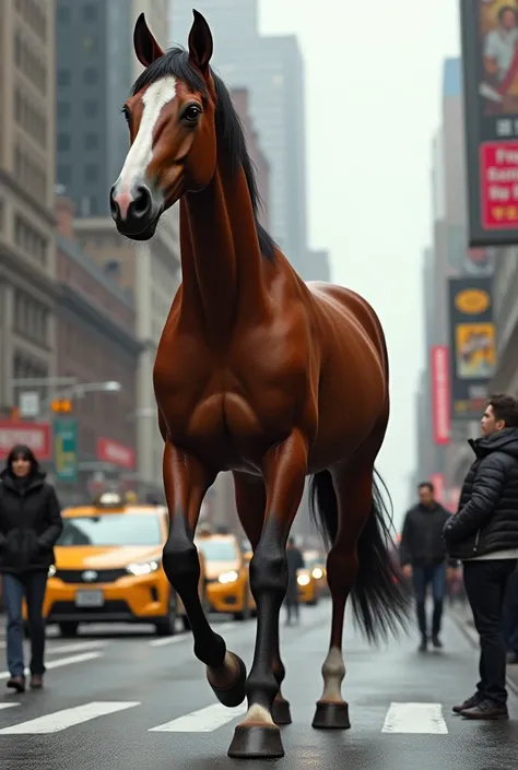 Horse walking like a realistic human through the streets of New York