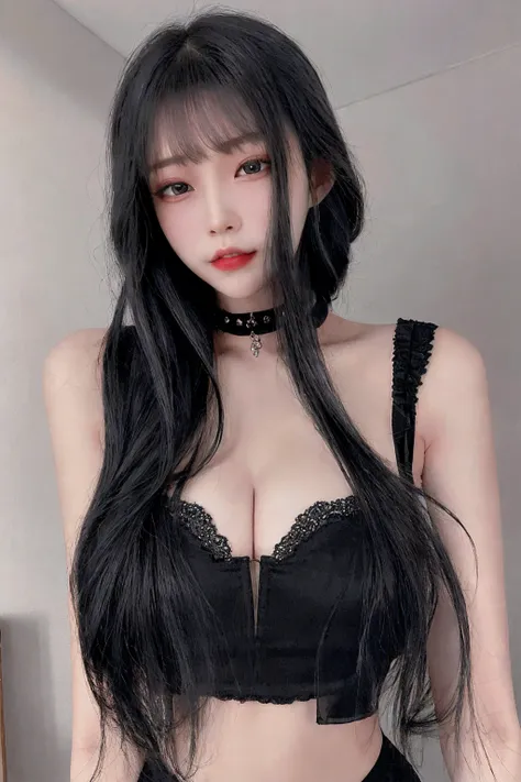 A stunning Korean woman with long, silky black hair and bangs. She exudes elegance and allure, wearing a sophisticated black lace outfit that accentuates her figure. Her confident pose and captivating gaze add to her charm. The background is minimalistic, ...