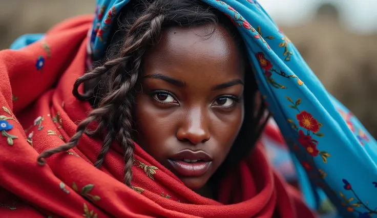 A tapestry woven with grace and ease. Draped in fabrics of crimson and blue, Each fold tells stories, both ancient and new. With petals of blossoms inked on her skin, A tale of resilience, where courage begins. Her gaze, a horizon, where dreams take flight...