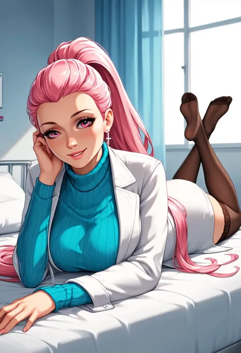 score_9, score_8, Scorw _7, score_6,  source  _    animated, 1mature_female, Only 1 woman ,  smile,   lying on a stretcher  ,  prone position ,  pink hair,   Long Ponytail Hair ,   bright pink eyes  , Apollo blue sweater  ,  Long sweater  ,   silver cross ...