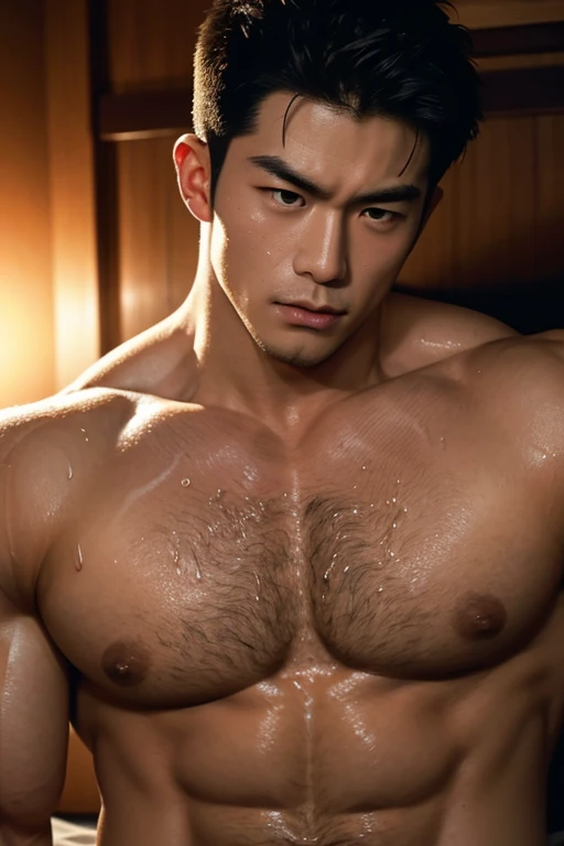 a young handsome Japanese bodybuilder, intense orgasm expression, hairy chest, extremely sweaty, laying on bed, ultra-detailed, 8k, photorealistic, dramatic lighting, muscular physique, veins, facial expression, heavy breathing, glistening sweat, dynamic p...