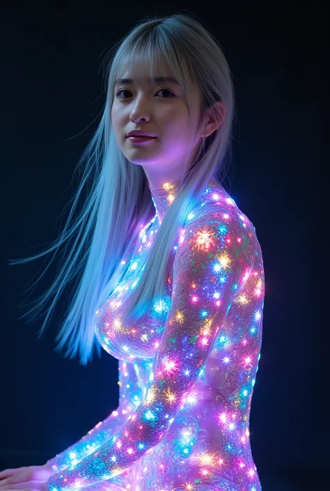 Image of a beautiful girl surrounded by light particles, masterpiece. UHD. photorealistic, full body, Ultra-realistic capture, 18k, RAW photos, highest quality, masterpiece, reality, very detailed, very beautiful girl, detailed face, rainbow, automata, cyb...