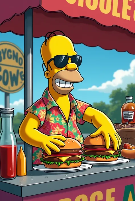 Homer Simpsons cheerful with sunglasses colorful shirt selling hamburgers and hot dogs with plenty of sauces and sodas 