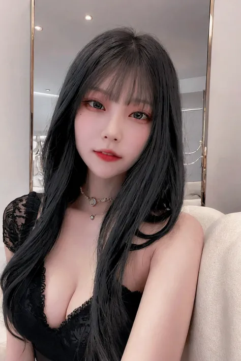 A stunning Korean woman with long, silky black hair and bangs. She exudes elegance and allure, wearing a sophisticated black lace outfit that accentuates her figure. Her confident pose and captivating gaze add to her charm. The background is minimalistic, ...