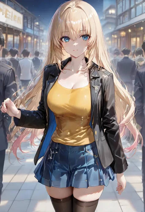 Masterpiece, best quality, latest, absurdres, high resolution, 1 woman, illustration, anime character, wearing a sleeveless yellow top, over which is a black military-style jacket, wearing black stockings with straps, she stands on a stage illuminated by b...