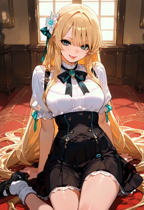 work,  best quality,  girl , long hair alternative, absurdly long hair, blonde hair, bow hair,   Aqua Eyes,  bewitching smile, tongue,   black eyes,  long eyelashes ,  big breasted , chest rash ,  white t-shirts,  black short skirt , shoes, during, hair ri...