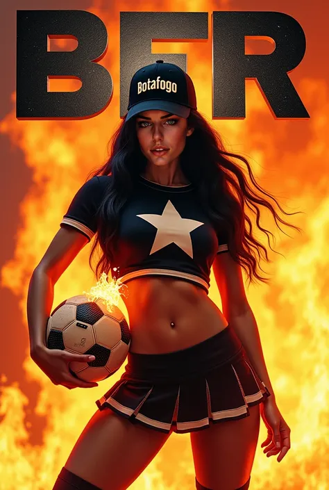     Generate a magazine-shaped image of a muscular cheerleader posing for the cover of a magazine holding a burning soccer ball The jersey, skirt and socks   .   The t-shirt must be black with a white star in the center ,   the black skirt with white hem a...