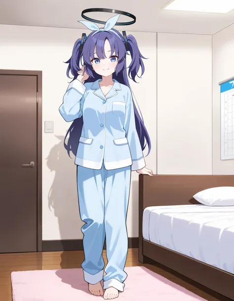 Masterpiece, hd, 1girl, yuuka, blue archive, blue eyes, halo, purple hair, twintails, two side up, long hair, wearing pajamas, blue pajamas, pajamas trousers, short pants, wearing hair band, indoor, bedroom, smile, fullbody, standing 