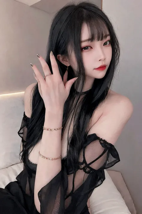 A stunning Korean woman with long, silky black hair and bangs. She exudes elegance and allure, wearing a sophisticated black lace outfit that accentuates her figure. Her confident pose and captivating gaze add to her charm. The background is minimalistic, ...