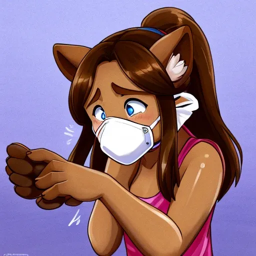 A girl transforming into a brown dog, her face is a bit brown with a muzzle forming, her hands have turned into brown paws and her feet are turning brown and furry too, she’s very shocked and cryinh