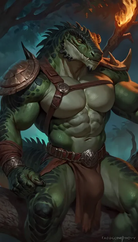 Muscular monster lizardfolk, solo, pants, mercenary, dark green body, black belly, 1male solo, anthro, bara, muscular, wide back, small waist, thick tail, thick scales on the shoulders, marked jaw, pecs, big pecs, pants, tribal clothing, loincloth, full bo...