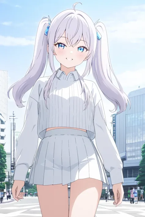 Alya, Tokyo, walking around,Wearing short skirt, High Resolution, Long Hair, Looking at viewer, Smile, Blush, Blue eyes, Twintails, White Hair with abit silver, Wide Shot, Anime Style, Anime, High Resolution, Accurate, Detail, HD, High Quality, UHD, Teeth,...