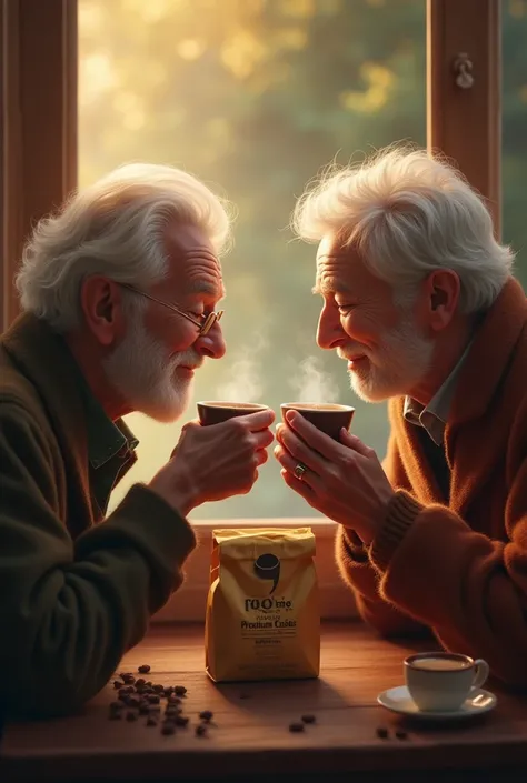 Old couple taking coffee with a 500g of Kim’s coffee 