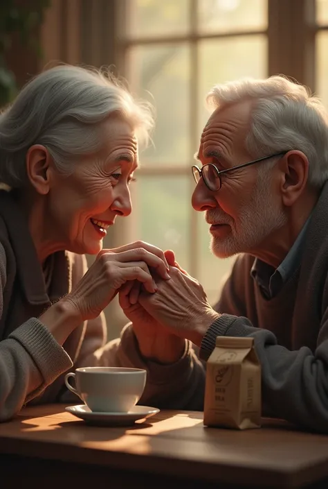 Old couple taking coffee with a 500g of Kim’s coffee 