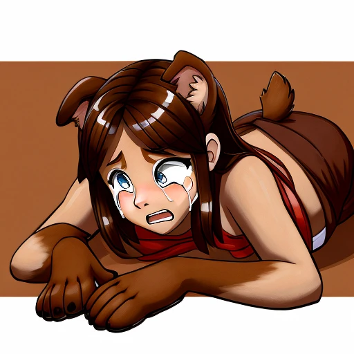 A girl transforming into a brown dog, her face is a bit brown, her hands have turned into brown paws and her feet are turning brown and furry too, she’s very shocked and crying
