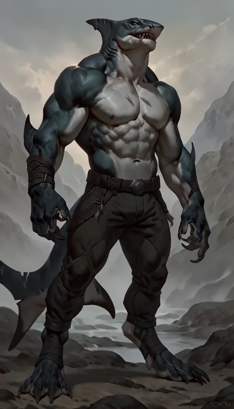 Sharkfolk, bull shark, comic book style, illustration, solo, ferocious, male, standing, mercenary, pants, masterpiece, best art, full body, by laobai, by taran fiddler, by honovy, detailed eyes, detailed body, claws, masculine body shape, fantasy, tall, to...