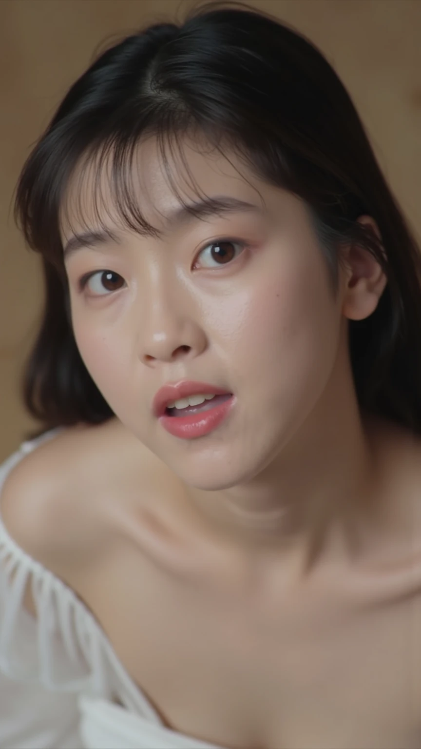 The high resolution photograph of a young Japanese woman, intricate details, sharp focus, solo, 1girl, wearing a off-shoulder dress, wearing make-up, face focus, close-up of face, looking at the camera, pale skin, detailed face, detailed eyes, seductive ey...