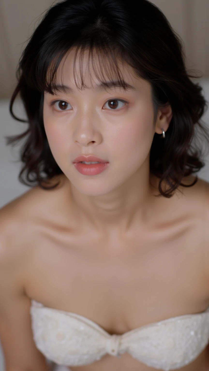 The high resolution photograph of a young Japanese woman, intricate details, sharp focus, solo, 1girl, wearing a off-shoulder dress, wearing make-up, face focus, close-up of face, looking at the camera, pale skin, detailed face, detailed eyes, seductive ey...