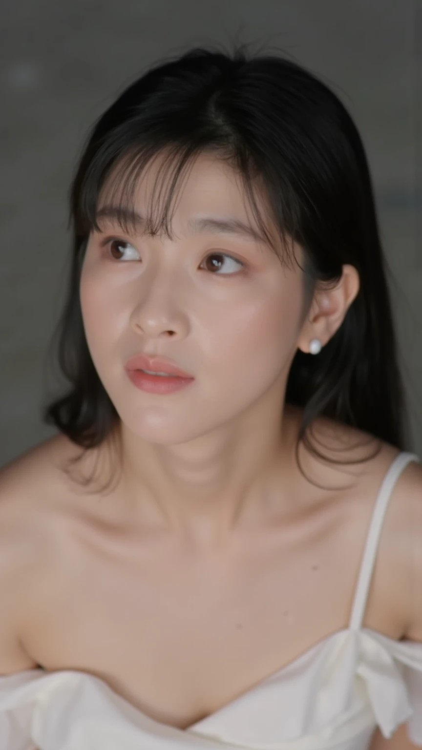 The high resolution photograph of a young Japanese woman, intricate details, sharp focus, solo, 1girl, wearing a off-shoulder dress, wearing make-up, face focus, close-up of face, looking at the camera, pale skin, detailed face, detailed eyes, seductive ey...