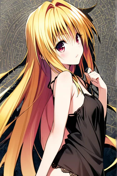  best image quality、 highest resolution、formula wallpaper、 simple background、 upper body portrait、
 One Girl、Golden Darkness from ToLOVEru Darkness、golden very long hair 、 zitoida、 sexy black camisole with lace、 barefoot、 sexy pose 、