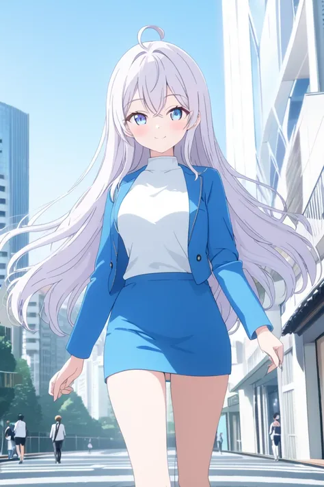 Alya, Tokyo, walking around,Wearing short skirt, High Resolution, Long Hair, Looking at viewer, Smile, Blush, Blue eyes,,White Hair with least silver, Wide Shot, Anime Style, Anime, High Resolution, Accurate, Detail, HD, High Quality, UHD, Teeth, Pink Eyes...