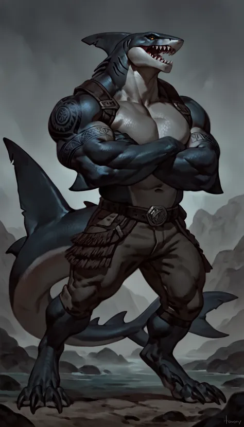 sharkman, anthro megalodon, darker hands and fins, black back, solo, big arms, bara, detailed skin, lizard shark hybrid, anthro, closed mouth, tribal polynesian tattoos, detailed shark skin, scalie arms, fins on arms, gray color body, beefy, thick scales o...