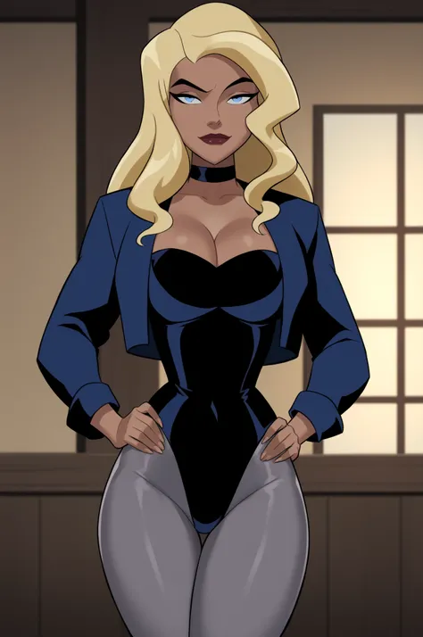 PonyXLV6_Scores BREAK ((parody), perfect anatomy, perfect eyes, cowboy shot) BREAK dinah lance, long hair, blond hair, blue eyes, dark-skinned female, flirting, raised eyebrow, ((looking at viewer)), cropped jacket, blue jacket, choker, cleavage, leotard, ...