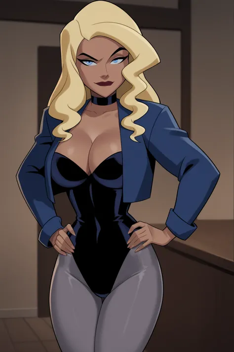 PonyXLV6_Scores BREAK ((parody), perfect anatomy, perfect eyes, cowboy shot) BREAK dinah lance, long hair, blond hair, blue eyes, dark-skinned female, flirting, raised eyebrow, ((looking at viewer)), cropped jacket, blue jacket, choker, cleavage, leotard, ...