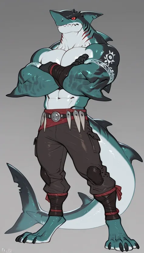 sharkman, anthro megalodon, darker hands and fins, black back, solo, big arms, bara, detailed skin, lizard shark hybrid, anthro, closed mouth, tribal polynesian tattoos, detailed shark skin, scalie arms, fins on arms, gray color body, beefy, thick scales o...