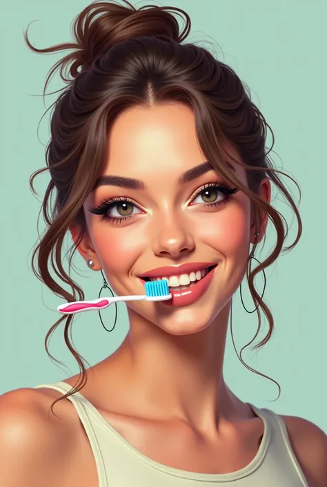 Generate a woman smiling proudly displaying a toothbrush gag glued between her teeth 