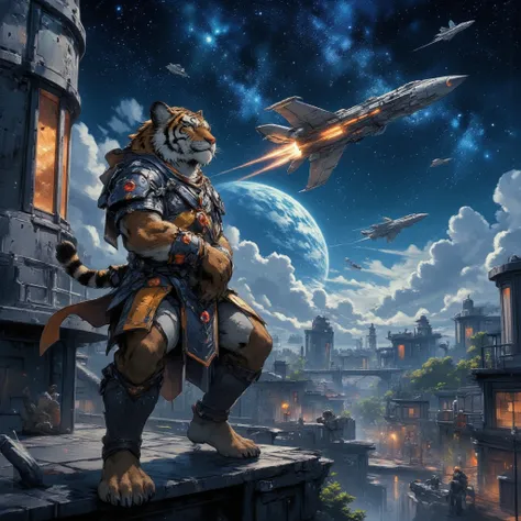 character focus, a futuristic scene at a vast, technologically advanced spaceport, set in the distant future. a humanoid tiger-like creature (anthropomorphic tiger) stands on a raised platform, gazing up at the starry sky with a pensive expression. The spa...